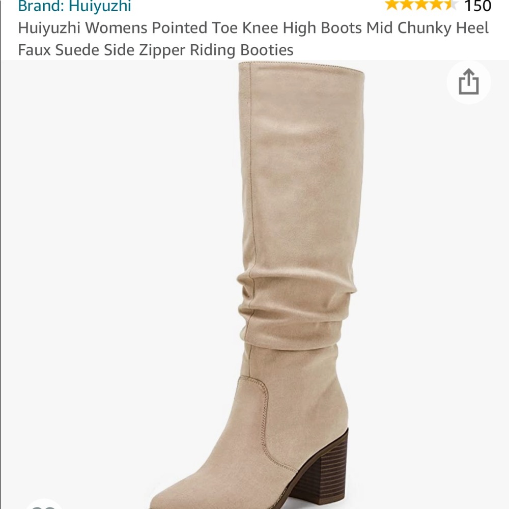 Amazon brand boot right below knee. Beige suede heeled boot. Brand new.